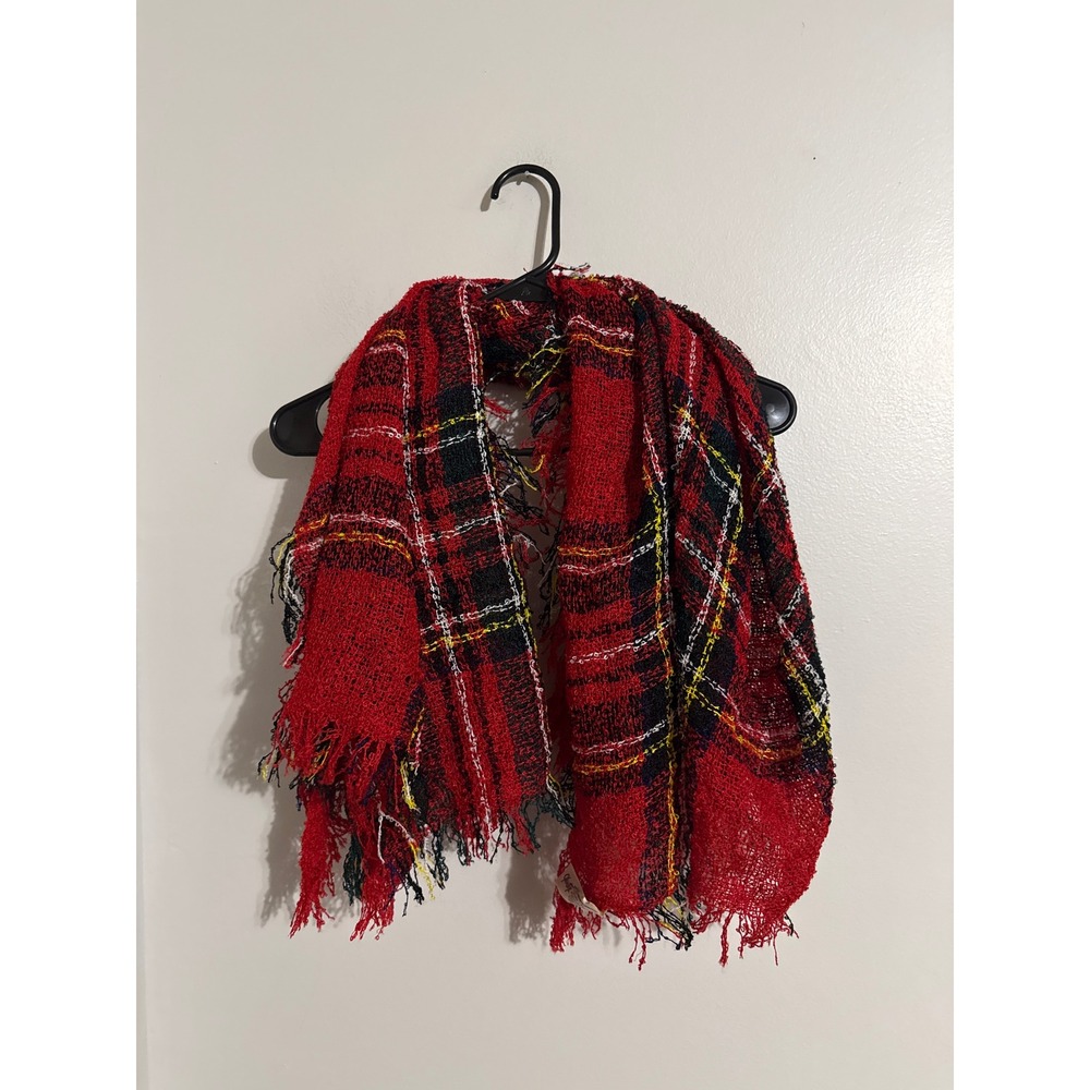 Vintage Glentex Red Plaid Scarf Acrylic Knit Frayed Edge Tartan Made in Japan
